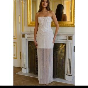 Elegant White Strapless Beaded Pearl Dress